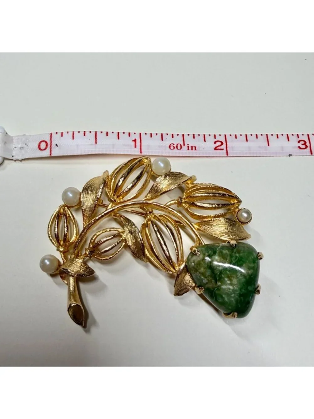 Vintage Lisner Gold-Tone Leaf Brooch With Green Stone & Faux Pearls Botanical